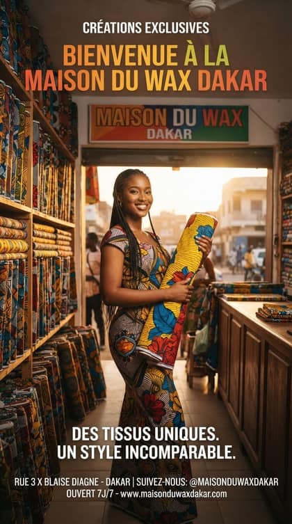 Affiche générée par gaindeAI pour une boutique de tissus wax
